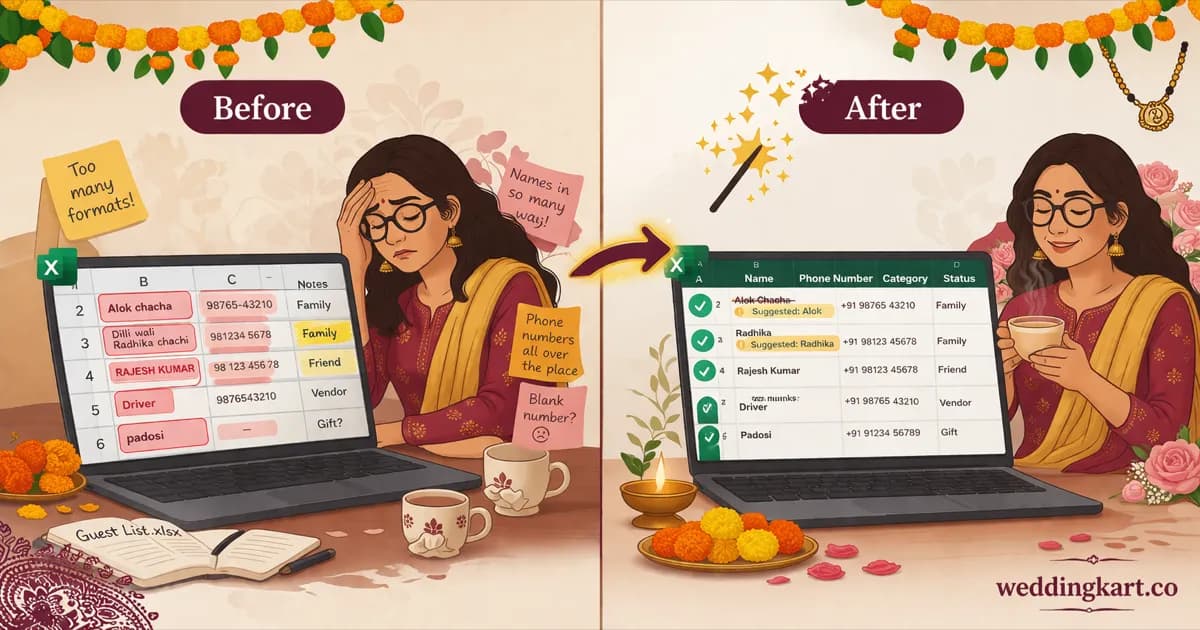Before and after cleaning an Indian wedding guest list Excel - messy spreadsheet with entries like Alok chacha and Driver transformed into a clean list with corrected names and formatted phone numbers