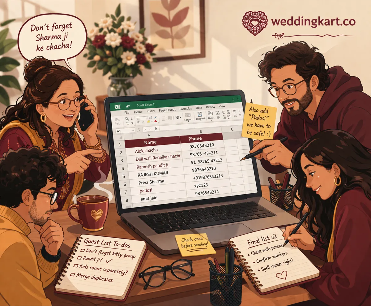 Indian family gathered around a laptop creating a chaotic wedding guest list Excel spreadsheet with entries like Sharma ji ke chacha, Driver, Padosi, and inconsistent phone numbers